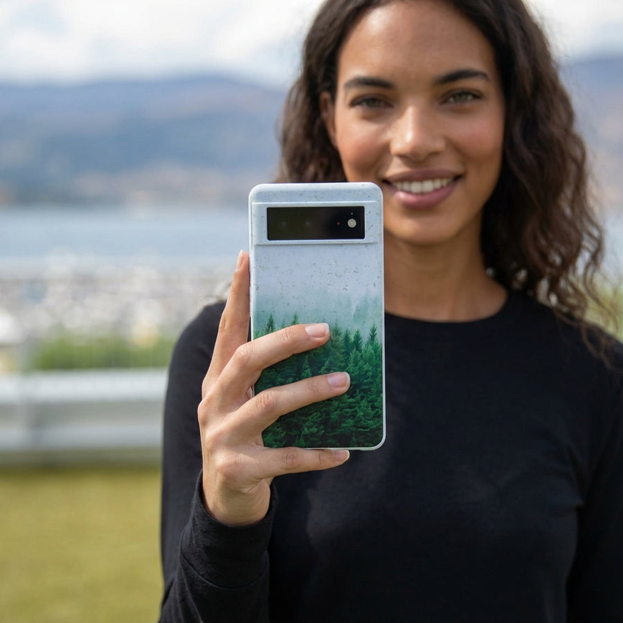 Powder Blue Forest Mist Google Pixel 6 Case - Lifestyle photo showing phone case in use