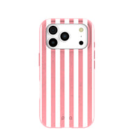 Coque iPhone 17 Pro rose chewing-gum à rayures blanches