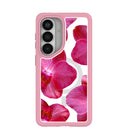 Coque Samsung Galaxy S26 à motif orchidées roses transparentes avec bordure rose pétale (chargement magnétique inclus)