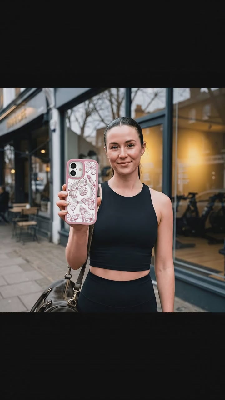 Clear Butterfly Effect iPhone 17 Case With Petal Pink Ridge (MagSafe included) - Product video demonstration