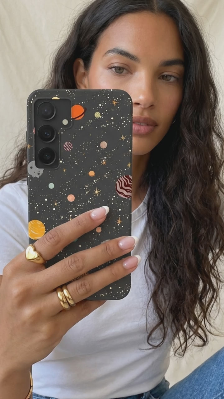 Black Galactic Glow Samsung Galaxy S25 Case - Product video demonstration