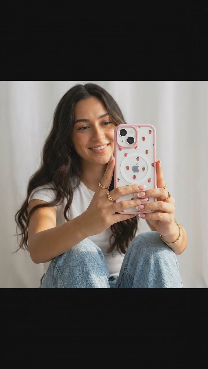 Clear Summer Berries iPhone 17 Case With Petal Pink Ridge (MagSafe included) - Product video demonstration
