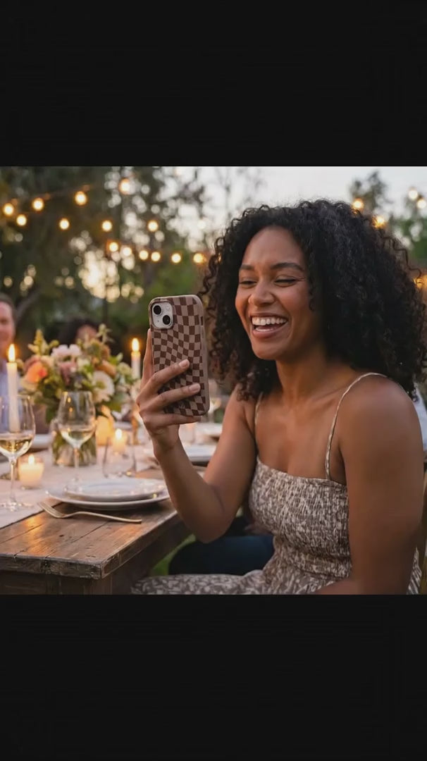 Chocolate Brown Cafe Check iPhone 15 Case - Product video demonstration