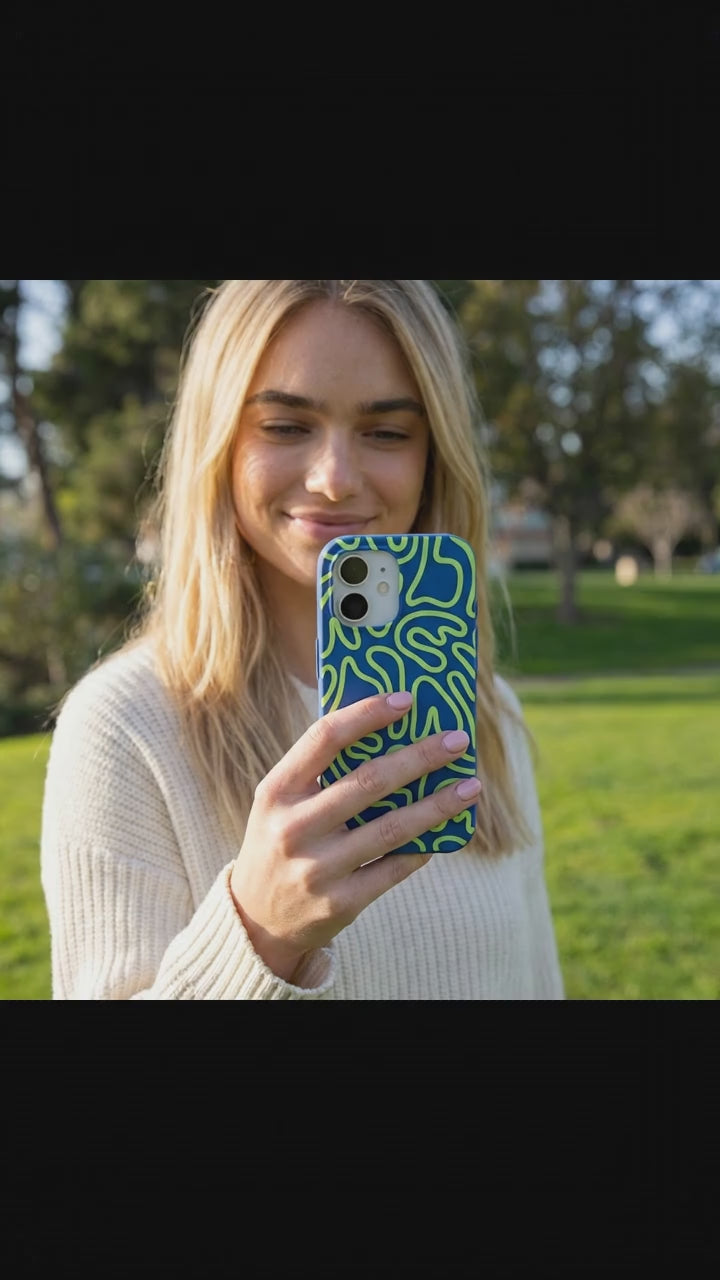 Electric Blue Dizzy Dreams iPhone 17 Case - Product video demonstration